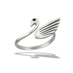 Stainless Steel Adjustable Swan With Faceted Synthetic Black Onyx Ring