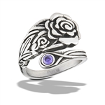 Stainless Steel Rose Spoon Ring With AMETHYST CZ