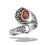 Stainless Steel Spoon Ring With Garnet CZ And FLOWERS