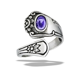 Stainless Steel Spoon Ring With Amethyst CZ And FLOWERS