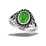Stainless Steel Braided Oval RING With Squiggle And Emerald CZ