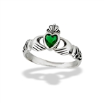 Sterling Silver Claddagh RING With Simulated Emerald And Triquetras
