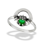 Sterling Silver Rounded Claddagh Ring With Synthetic Emerald