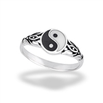 Sterling Silver Yin And Yang Ring With Three Petal Flowers