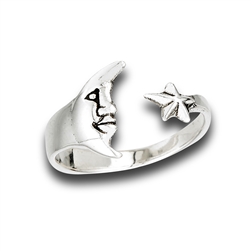 Sterling Silver Adjustable Moon And Star Ring