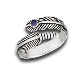 Sterling Silver Adjustable Feather Ring With Synthetic Amethyst