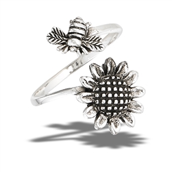 Sterling Silver Bumble Bee Hovering Over Sunflower Ring