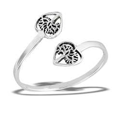 Sterling Silver Adjustable Double Tree Of Life Inside Heart Ring