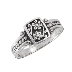 Sterling Silver Flower With Scroll And Dots Ring