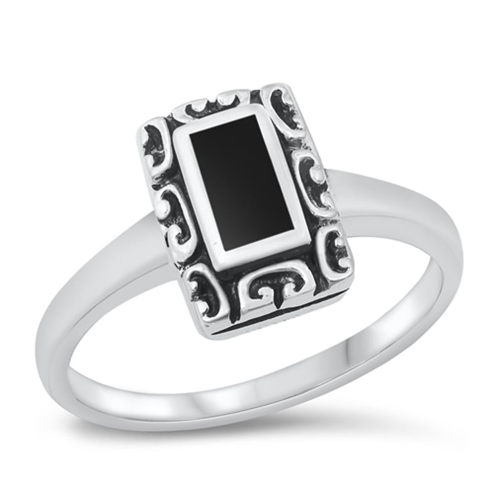 Black Onyx Polished Rectangle Simple Ring .925 Sterling Silver Band Sizes 4-10