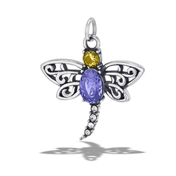 Stainless Steel Dragonfly Pendant With Amethyst And Citrine CZ