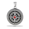 Stainless Steel Ornate, Oxidized Compass Pendant With Braided Edge And Garnet CZ