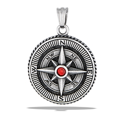 Stainless Steel Ornate, Oxidized Compass Pendant With Braided Edge And Garnet CZ