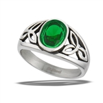 Stainless Steel Celtic Ring with Green CZ