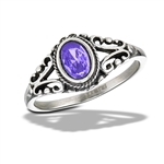 Stainless Steel Bali Style Ring With Amethyst CZ