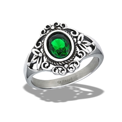 Stainless Steel Ornate Braided Ring With Green CZ