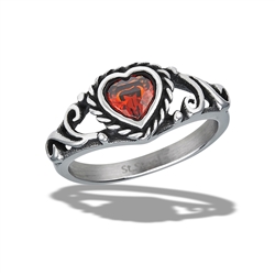 Stainless Steel Braided Heart Ring With Swirls And Red CZ