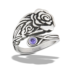 Stainless Steel Rose Spoon Ring With Amethyst CZ