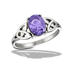 Stainless Steel Celtic Ring With Triquetras And Amethyst CZ