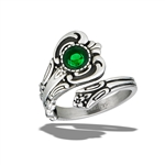 Stainless Steel Victorian Spoon Ring With Green CZ
