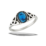 Stainless Steel Celtic Ring With Triquetras And Blue Sapphire CZ