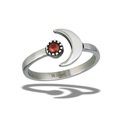 Stainless Steel High Polish Adjustable Crescent Moon Ring With Garnet CZ