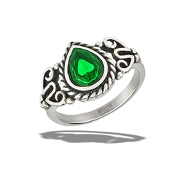 Stainless Steel Bali Style Oxidized Ring With Braiding And Emerald CZ