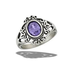 Stainless Steel Ornate Braided Ring With Amethyst CZ