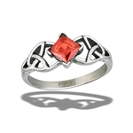 Stainless Steel Celtic Ring With Red CZ And Side Triquetras
