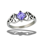 Stainless Steel Celtic Ring With Amethyst CZ And Side Triquetras