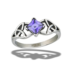 Stainless Steel Celtic Ring With Amethyst CZ And Side Triquetras