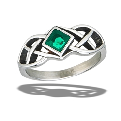 Stainless Steel Celtic Ring With Green CZ And Side Triquetras