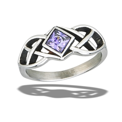 Stainless Steel Celtic Ring With Lavender CZ And Side Triquetras