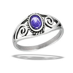 Stainless Steel Bali Style Ring With Amethyst CZ And Swirls