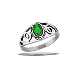 Stainless Steel Bali Style Ring With Emerald CZ And Swirls