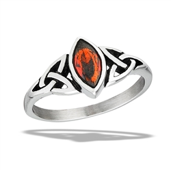 Stainless Steel Celtic Ring With Side Triquetras And Marquise Garnet CZ