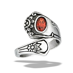 Stainless Steel Spoon Ring With Garnet CZ And Flowers