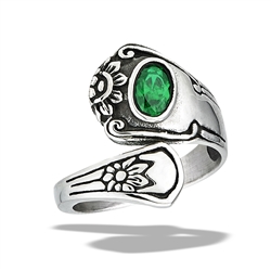 Stainless Steel Spoon Ring With Emerald CZ And Flowers