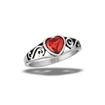 Stainless Steel Garnet CZ Heart Ring With Swirls