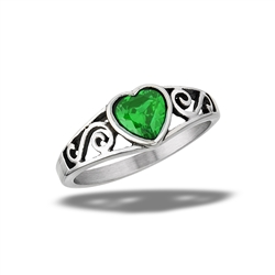 Stainless Steel Emerald CZ Heart Ring With Swirls