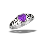 Stainless Steel Amethyst CZ Heart Ring With Swirls