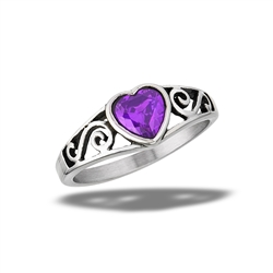 Stainless Steel Amethyst CZ Heart Ring With Swirls