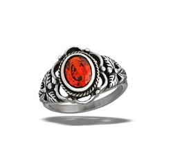 Stainless Steel Garnet CZ Ring With Braid And Leaf Design