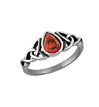 Stainless Steel Garnet CZ Pear Shaped Ring With Side Triquetras