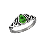 Stainless Steel Emerald CZ Pear Shaped Ring With Side Triquetras