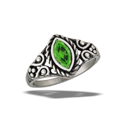 Stainless Steel Bali Style Marquise Ring With Emerald CZ