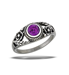 Stainless Steel Braided Amethyst CZ Ring With Flowers And Leaves
