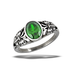 Stainless Steel Oval Emerald CZ Ring With Butterflies