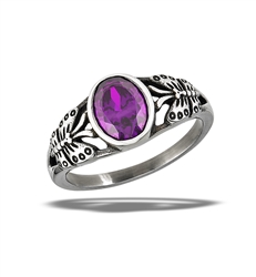 Stainless Steel Oval Amethyst CZ Ring With Butterflies