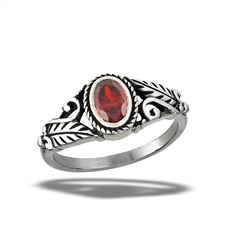 Stainless Steel Braided Garnet CZ Ring With Swirls And Leaves